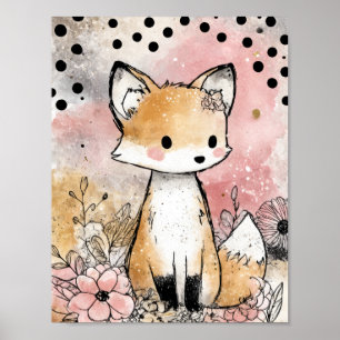 Whimsige Fuchs-Wasserfarben-Blumenkunst Poster