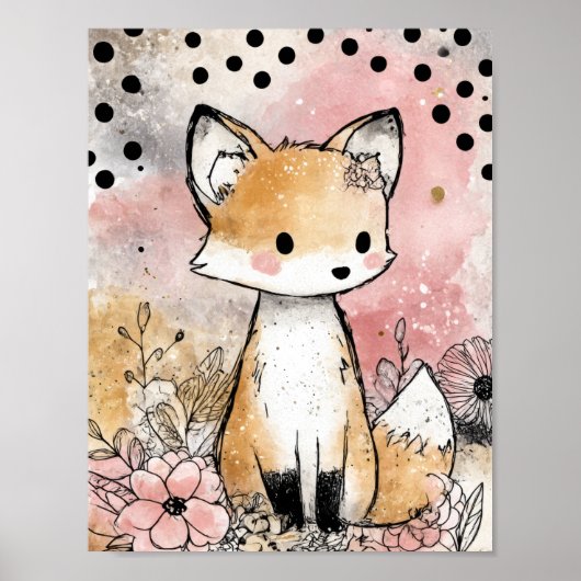 Whimsige Fuchs-Wasserfarben-Blumenkunst Poster (Vorne)