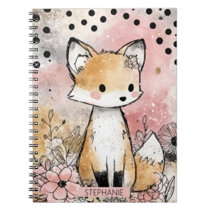 Whimsige Fuchs-Wasserfarben-Kunst mit Blumen Notizblock