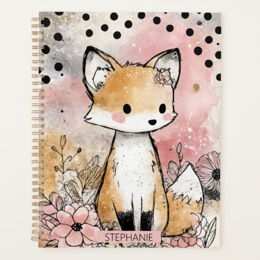 Whimsige Fuchs-Wasserfarben-Kunst mit Blumen Planer (Vorderseite)