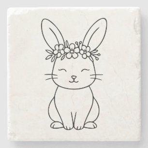 Whimsiger Hase mit floraler Krone Linienkunst Steinuntersetzer