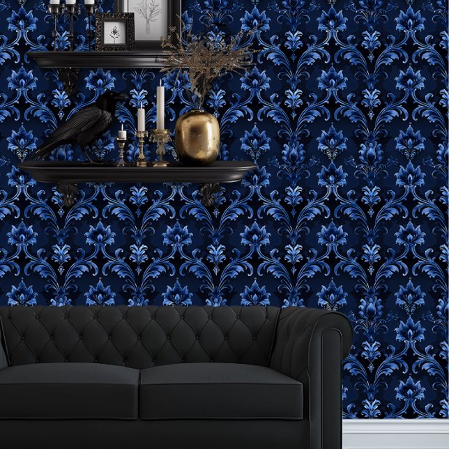 Whimsigoth Detail Blue Tapete (Whimsigoth Dark Blue Damask wallpaper behind a black couch.)