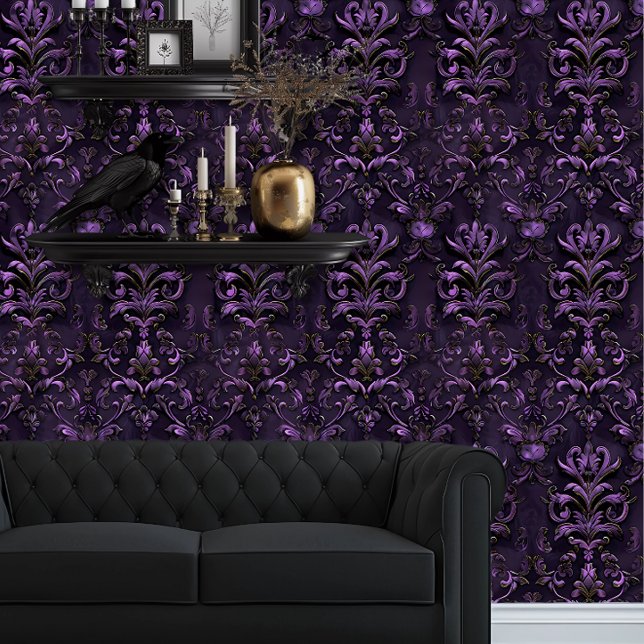 Whimsigoth Elegant Lila Tapete (Whimsigoth Dark Purple & Black Damask wallpaper behind a black couch and black goth floating shelves)