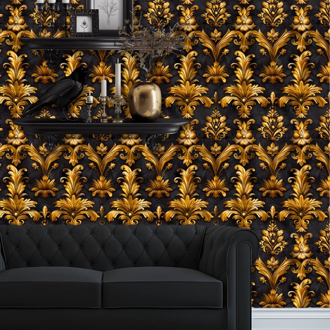 Whimsigoth Elegante Tapete (Whimsigoth Gold Damask on Black wallpaper behind a black couch.)