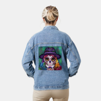 Whimsigoth Florale Hippie-Psychedelic-Schädelkunst Jeansjacke