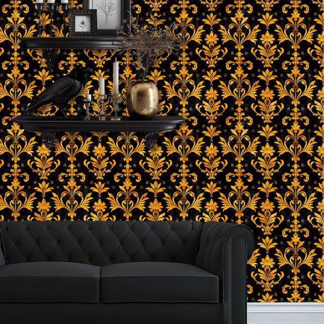 Whimsigoth Intricate Gold Heart Tapete (Whimsigoth Yellow Damask on Black wallpaper behind a black couch.)