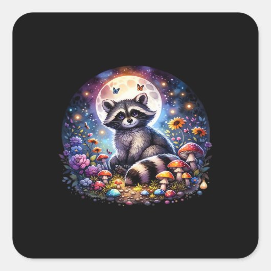 Whimsigoth Raccoon durch Mondlicht, Niedlicher far Quadratischer Aufkleber (Vorderseite)