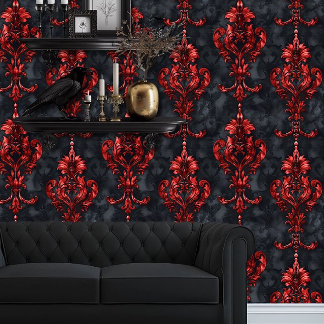 Whimsigoth Red and Black Elegante Tapete (Whimsigoth Black & Red Wallpaper behind a black couch and floating goth shelves.)