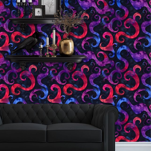 Whimsigoth Red, Cyan und Lila Funky Tapete (Whimsigoth Purple, Red, & Cyan Swirls wallpaper behind a black couch.)