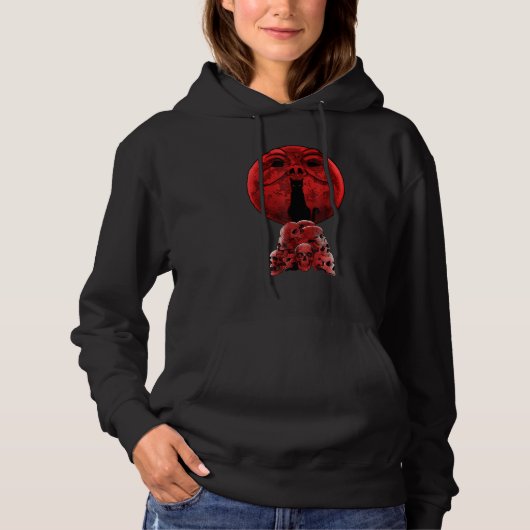 Whimsigoth Red Halloween Cat Skull Full Moon Gothi Hoodie (Vorderseite)