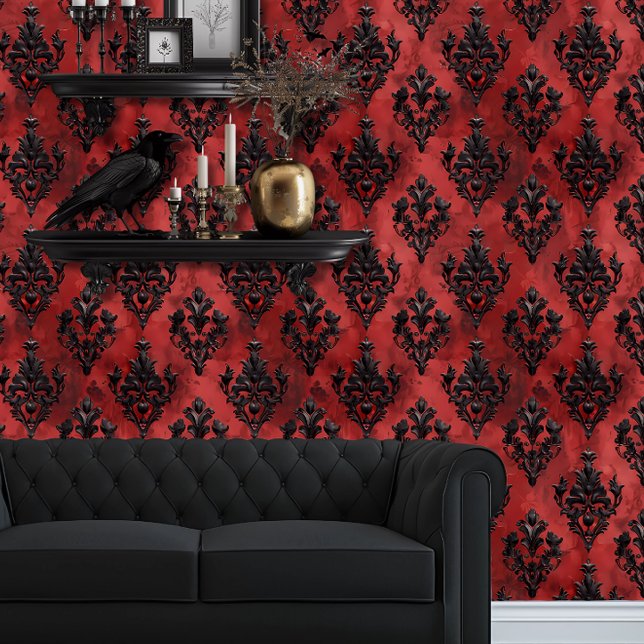 Whimsigoth Red und Black Vintag Style Tapete (Whimsigoth Dark Red & Black Wallpaper behind a black couch and floating goth shelves.)