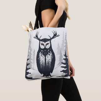 Whimsigoth Stag Owl in Winter Landscape Tote Bag Tasche