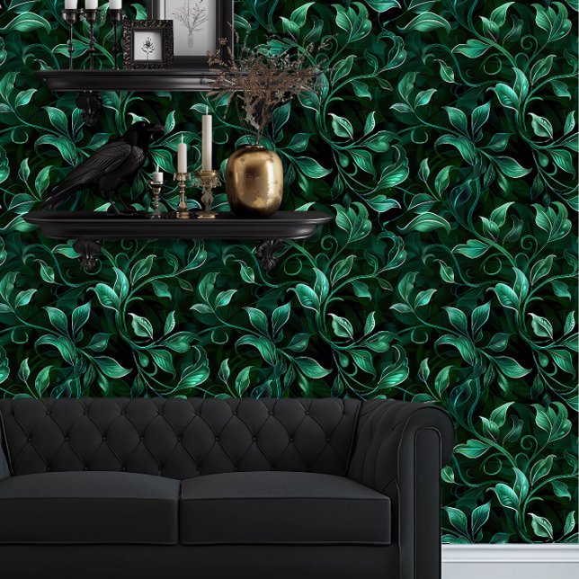 Whimsigoth Wild Green Vines Tapete (Whimsigoth Green Vines wallpaper behind a black couch.)