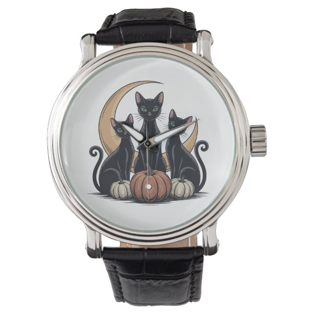 Whimsigothic Black Cats Pumpkin Moon Halloween Armbanduhr (Vorderseite)
