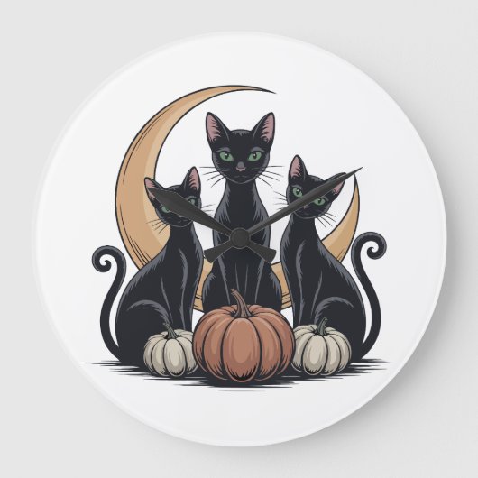 Whimsigothic Black Cats Pumpkin Moon Halloween Wal Große Wanduhr (Vorderseite)