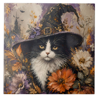 Whimsigotisch schwarze Katzenhexe Herbstblumen Fliese