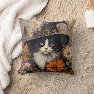 Whimsigotisch Schwarze Katzenhexe Herbstblumen Kissen