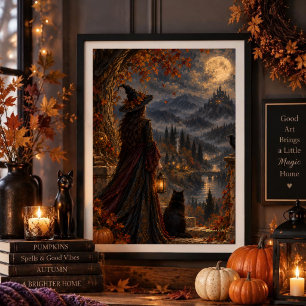 Whimsigotische Hexe Herbst Mondbeschienenes Schlos Poster