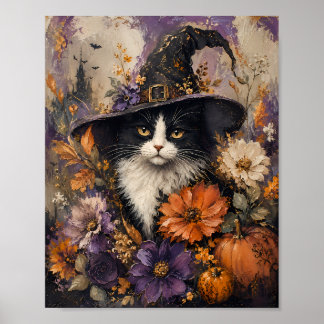 Whimsigotischer Schwarzer-Katzen-Hexenhut Herbstfl Poster