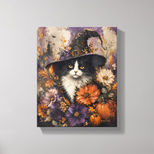 Whimsigotischer schwarzer Katzenhexenhut Herbstflo Leinwanddruck