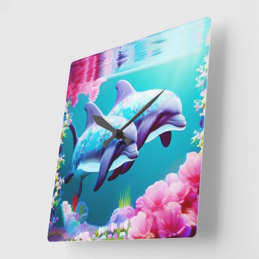 Whimsikale Delphine und Blumenwasser Quadratische Wanduhr (Winkel)