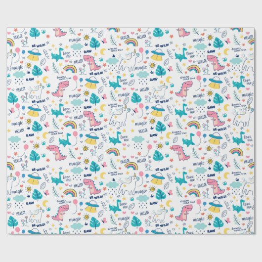 Whimsikale Dinosaurier und Einhörner für Kinder Geschenkpapier (Flach)