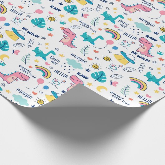 Whimsikale Dinosaurier und Einhörner für Kinder Geschenkpapier (Ecke)