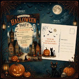 Whimsikale Halloween-Dorfparty-Einladung | Postkarte