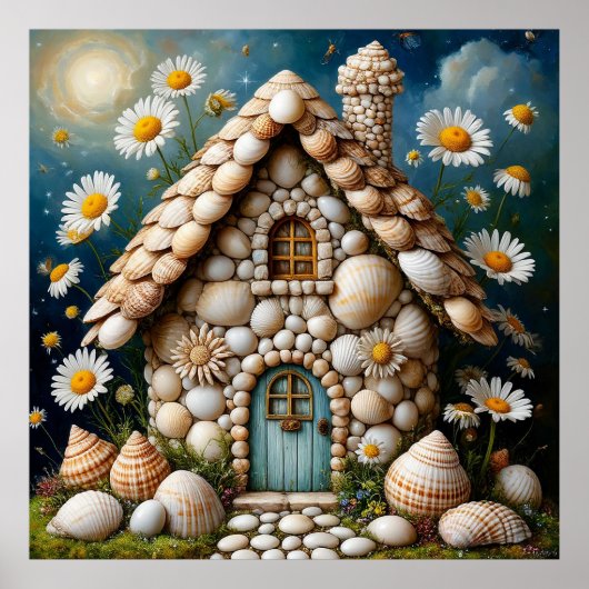 Whimsikale Hütte mit einem blühenden Blumengarten Poster (Vorne)