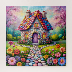 Whimsikale Hütte mit einem blühenden Blumengarten Puzzle