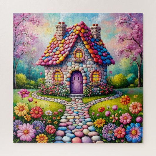 Whimsikale Hütte mit einem blühenden Blumengarten Puzzle (Vertikal)