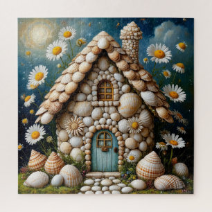 Whimsikale Hütte mit einem blühenden Blumengarten Puzzle