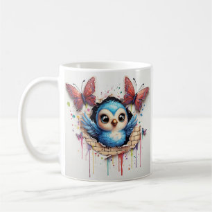 Whimsikale Illustration von Blauem Vogel und Schme Kaffeetasse