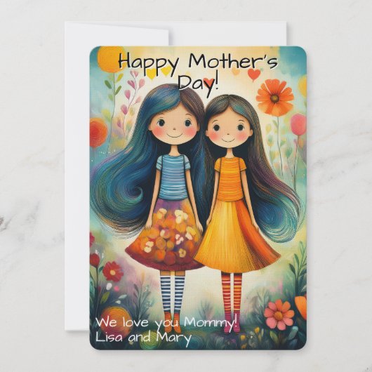 Whimsikale Illustration von zwei Mädchen Muttertag (Vorderseite)