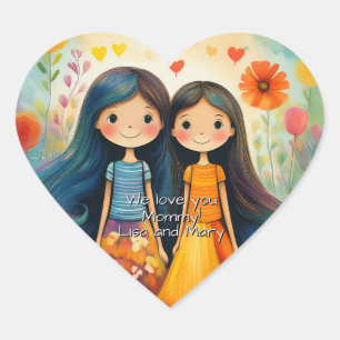 Whimsikale Illustration von zwei Mädchen Muttertag Herz-Aufkleber