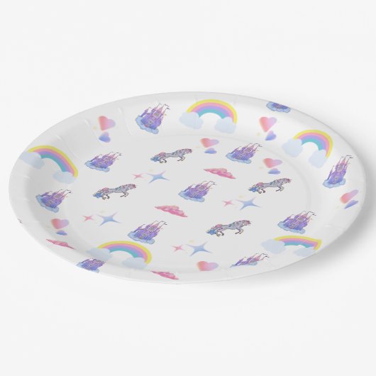 Whimsikale, märchenhafte Burg und Einhornplatte Pappteller (Schrägansicht)