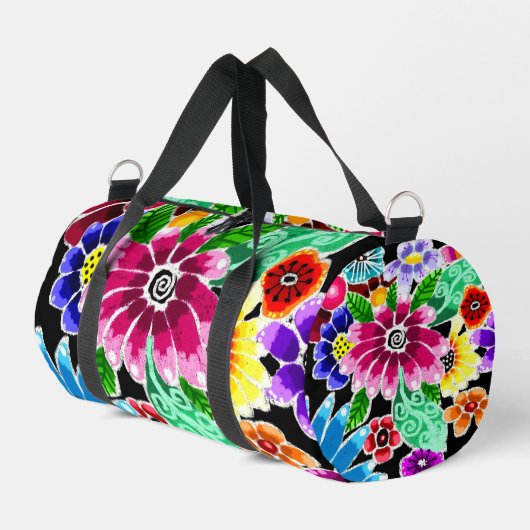Whimsikale mehrfarbige Folk-Art-Blume florenrosa Duffle Bag (Linke Seite)