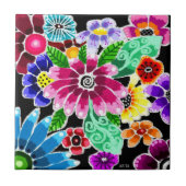 Whimsikale mehrfarbige Folk-Art-Blume florenrosa Fliese (Vorderseite)