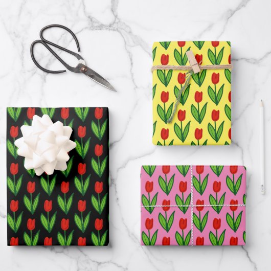Whimsikale Tulpenblume Blume zeichnend gemustert Geschenkpapier Set (Vorderseite)
