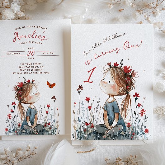 Whimsikale Wildblume ein Jahr alt Geburtstag Einladung