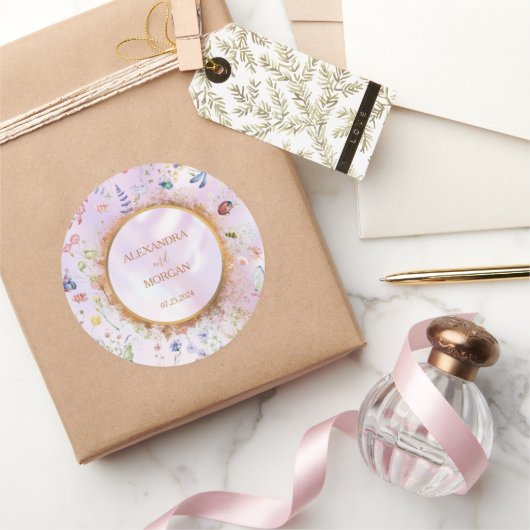 Whimsikale Wildblume Rosa Hochzeitsticker Runder Aufkleber (Schenken)