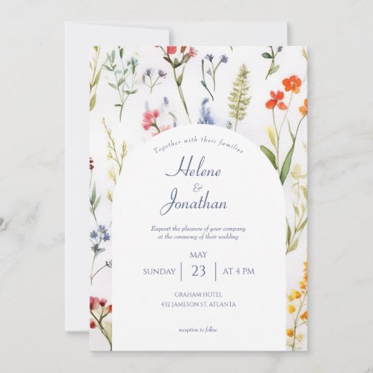 Whimsikale Wildblumen Wasserfarben Elegante Hochze Einladung (Vorderseite)
