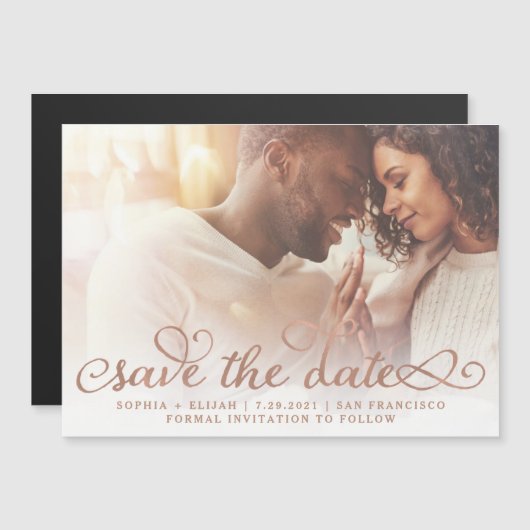 Whimsikale Worte | Rose Gold Foto Save the Date Magneteinladung (Vorne/Hinten)