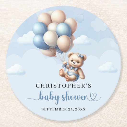 Whimsikaler Bär mit blauen und Elfenbeinballons Runder Pappuntersetzer (Vorderseite)