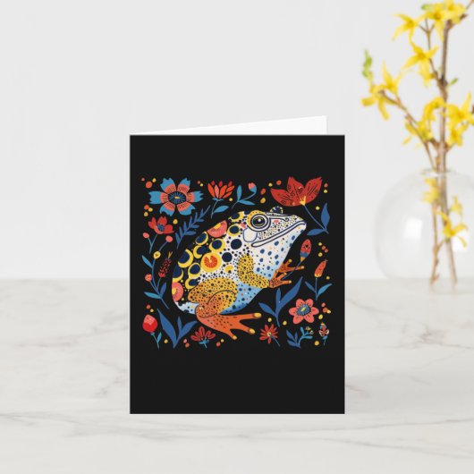 Whimsikaler Illustrierter Frosch mit lebhaftem Blu Karte (Gelbe Blume)