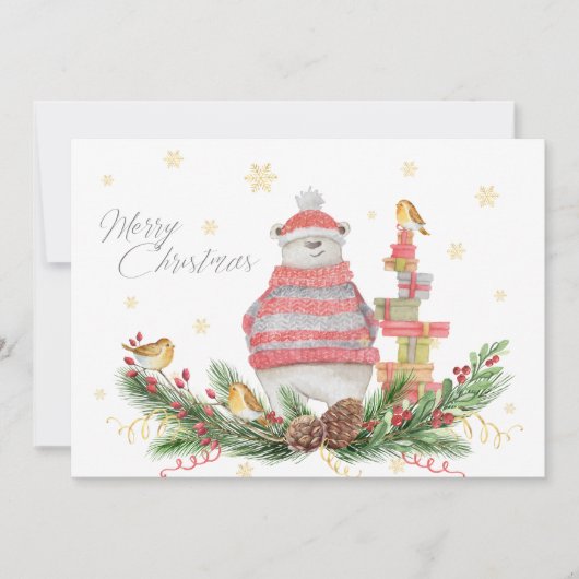 Whimsikaler Polar Bär mit Grüntönen und Vögeln (Vorderseite)