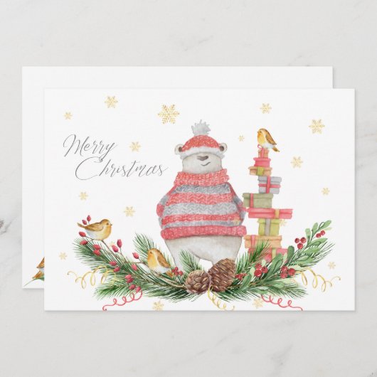 Whimsikaler Polar Bär mit Grüntönen und Vögeln (Vorne/Hinten)