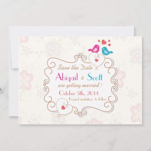 Whimsikaler Rahmen mit Vögeln im Herzen Save the D Einladung (Vorderseite)