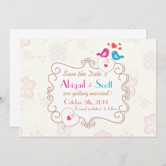 Whimsikaler Rahmen mit Vögeln im Herzen Save the D Einladung (Vorne/Hinten)