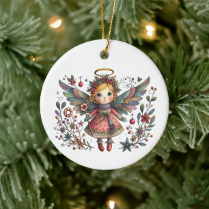 Whimsikaler Weihnachtsgel mit mehrfarbigen Flügeln Keramik Ornament